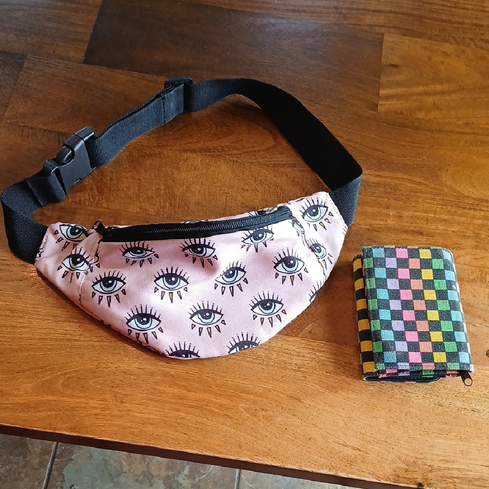 Empyre Pink Eyeball Fanny Pack & Rainbow Checkered Wallet